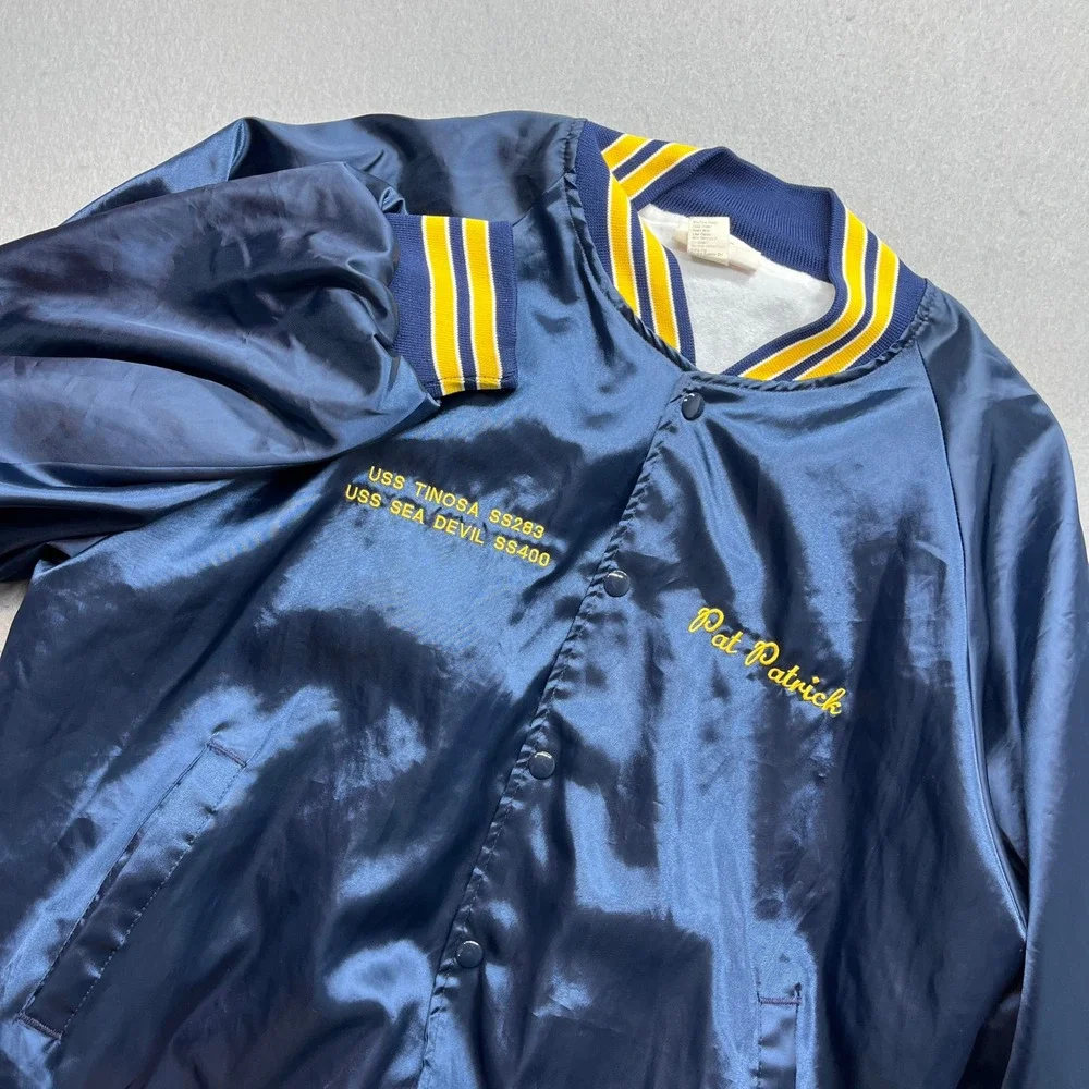 Vintage US Submarine Veterans WWII Satin Bomber Jacket Navy Blue XL Pat Patrick